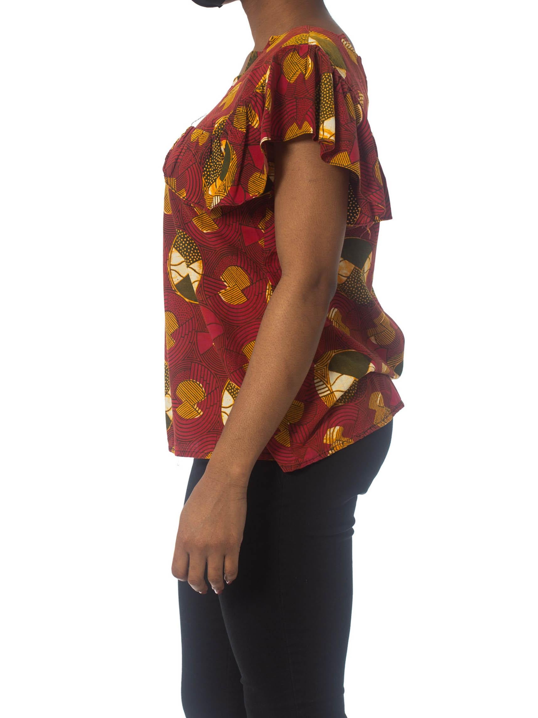 Brown 1970S Red Cotton African Batik Wax Printed Top For Sale