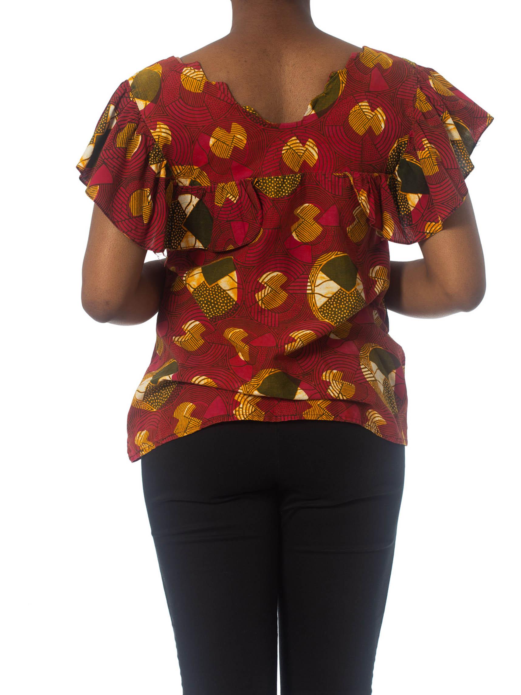 Women's 1970S Red Cotton African Batik Wax Printed Top For Sale