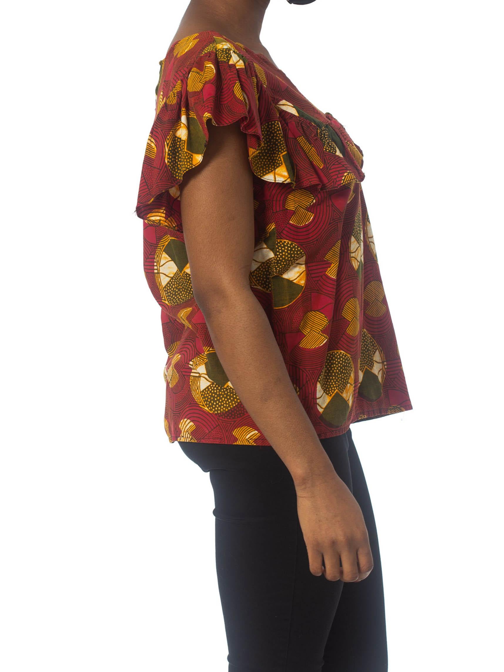 1970S Red Cotton African Batik Wax Printed Top For Sale 1