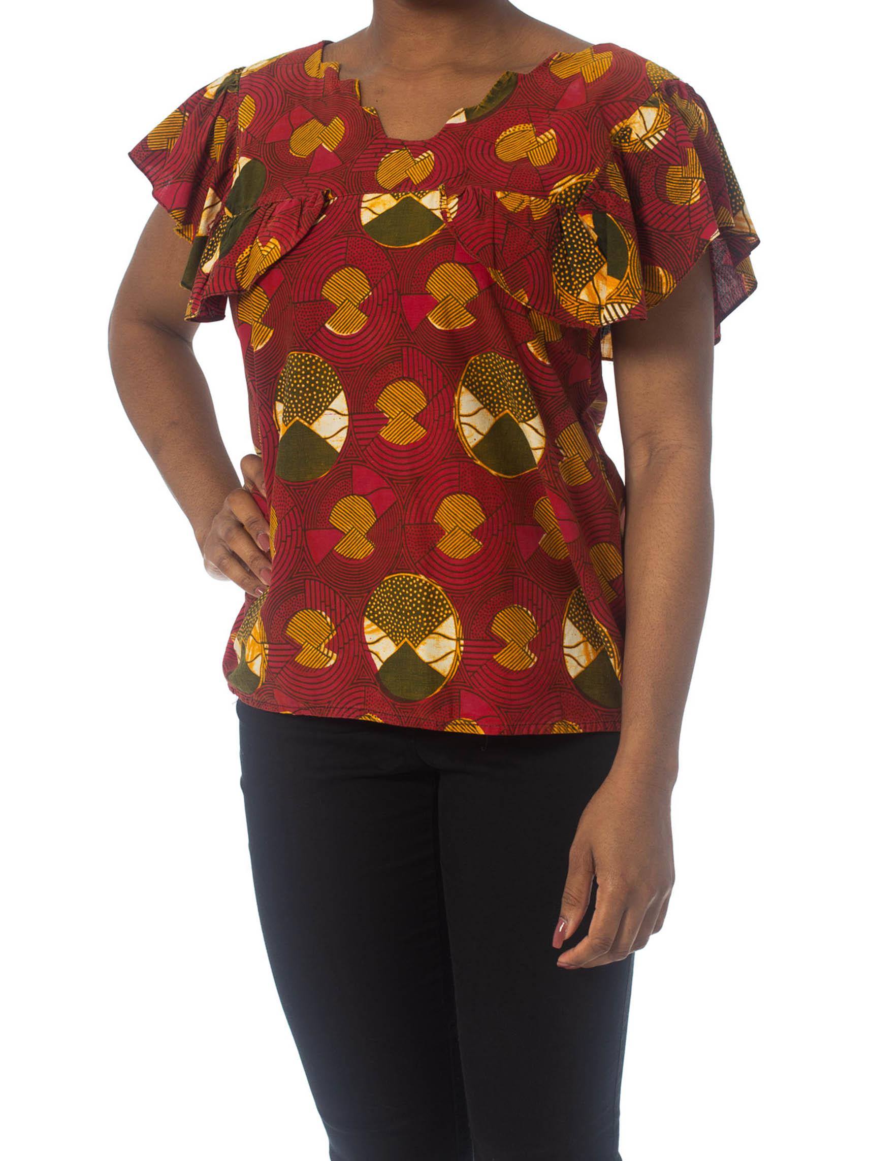 1970S Red Cotton African Batik Wax Printed Top For Sale 2