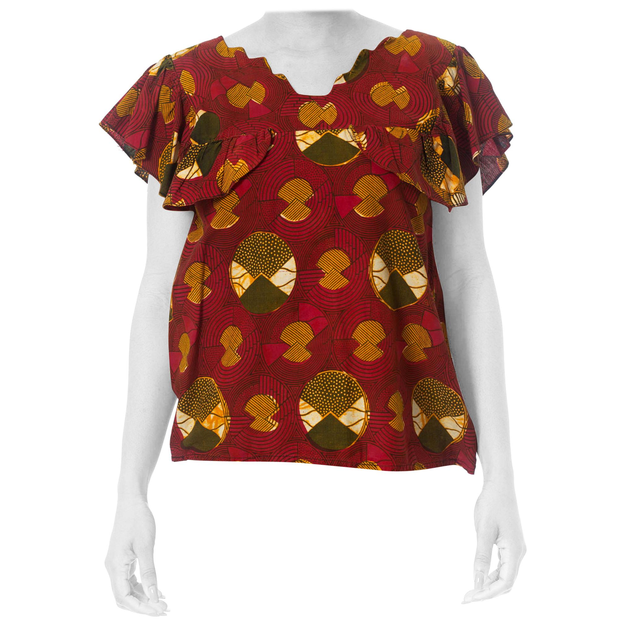1970S Red Cotton African Batik Wax Printed Top For Sale