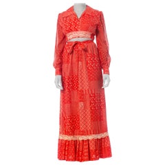 1970S Red Cotton Printed Patchwork Skirt And Top Ensemble