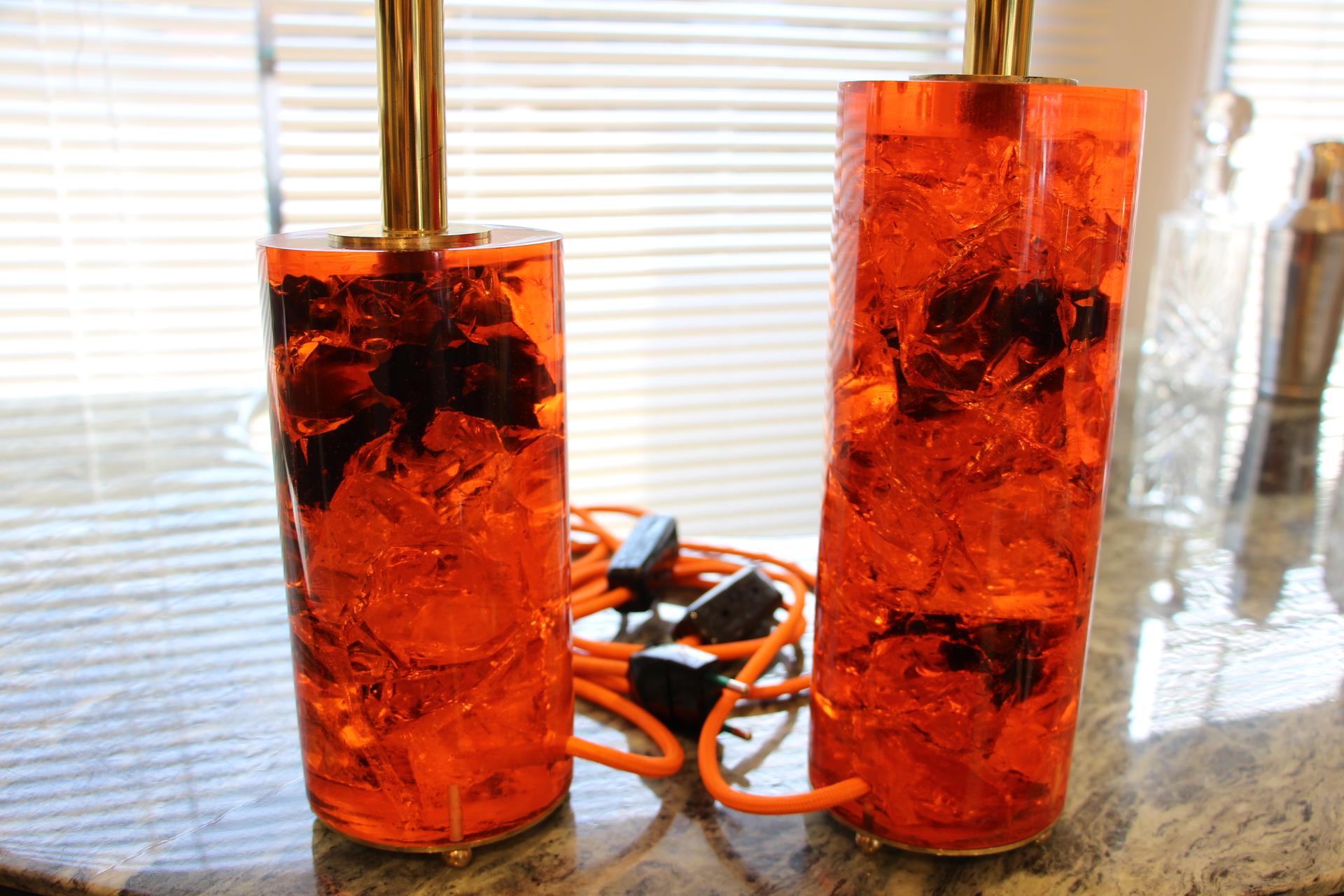 French Red Fractal Resin Pair of Table Lamps, Marie-Claude de Fouquières, Pierre Giraudon For Sale