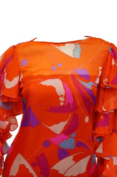 1970s Red Geometric Print Maxi Dress with Flamenco Ruffle Sleeves