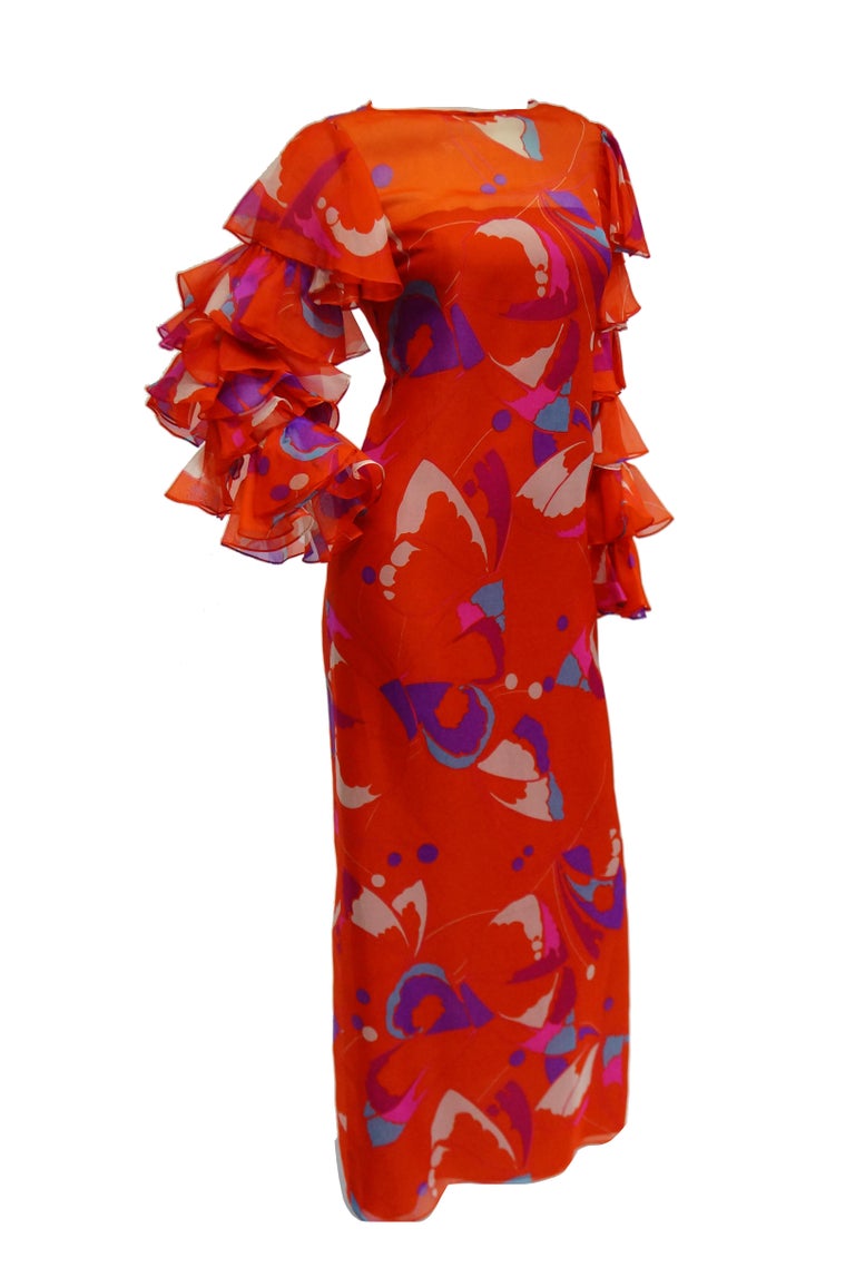 1970s Red Geometric Print Maxi Dress with Flamenco Ruffle Sleeves For Sale 1