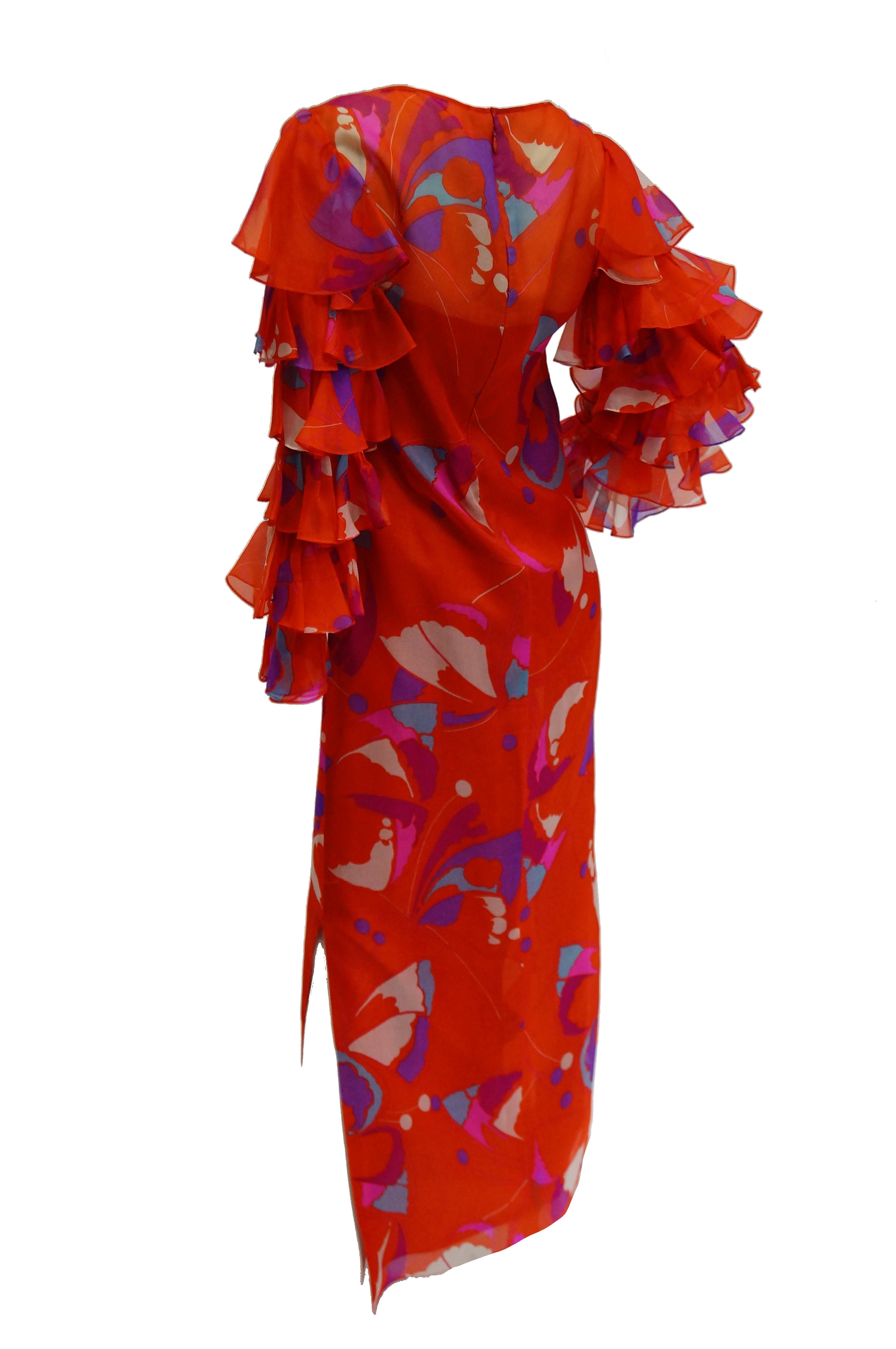 Women's 1970s Red Geometric Print Maxi Dress with Flamenco Ruffle Sleeves For Sale