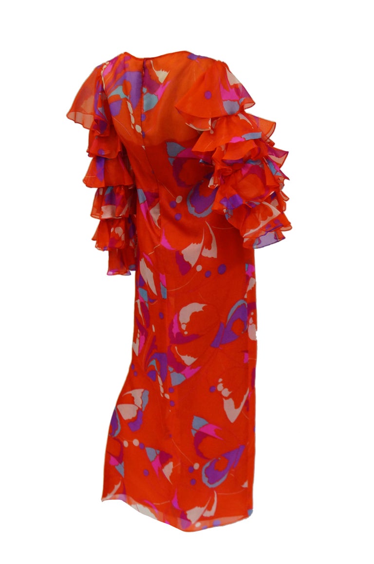 1970s Red Geometric Print Maxi Dress with Flamenco Ruffle Sleeves For Sale 4
