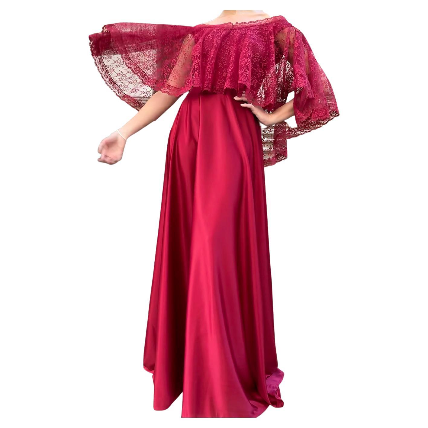 1970s RED GOWN WITH LACE COLLAR For Sale