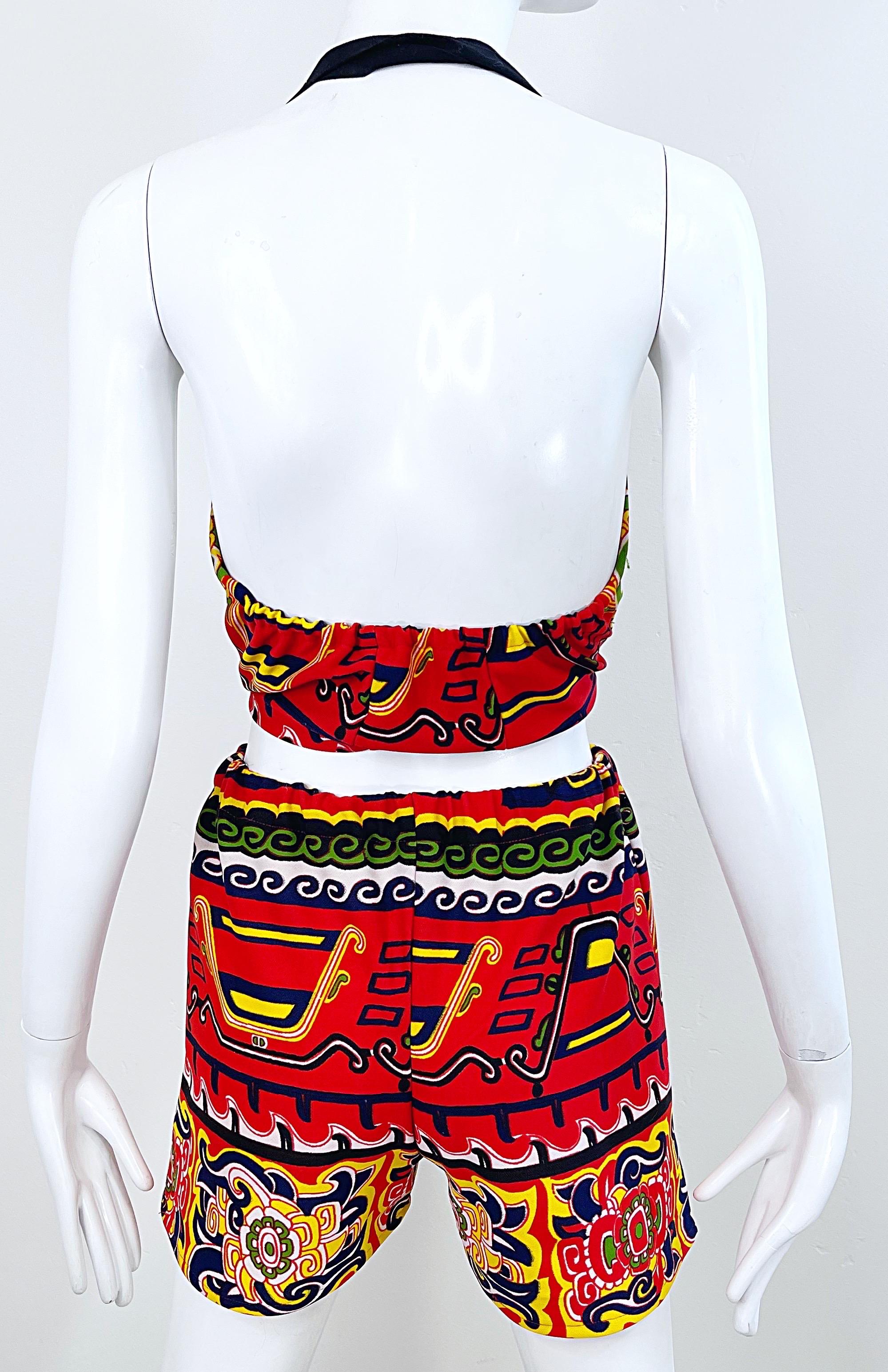 1970s Red + Green + Yellow + Blue Festive Tribal Print Crop Top Hot Pants Shorts For Sale 3