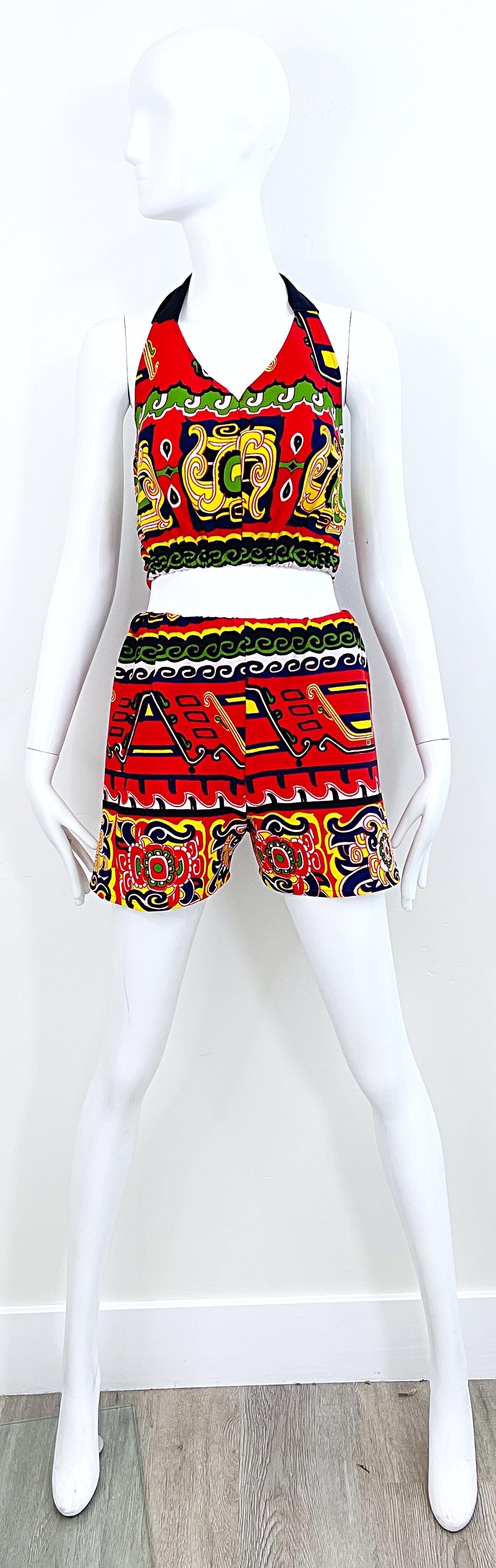 1970s Red + Green + Yellow + Blue Festive Tribal Print Crop Top Hot Pants Shorts For Sale 6