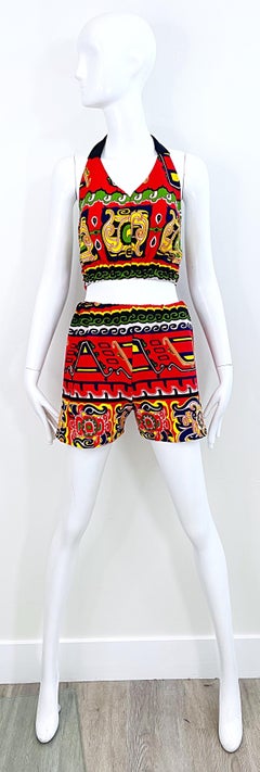 Pantalones cortos con estampado tribal rojo + verde + amarillo + azul de los años 70