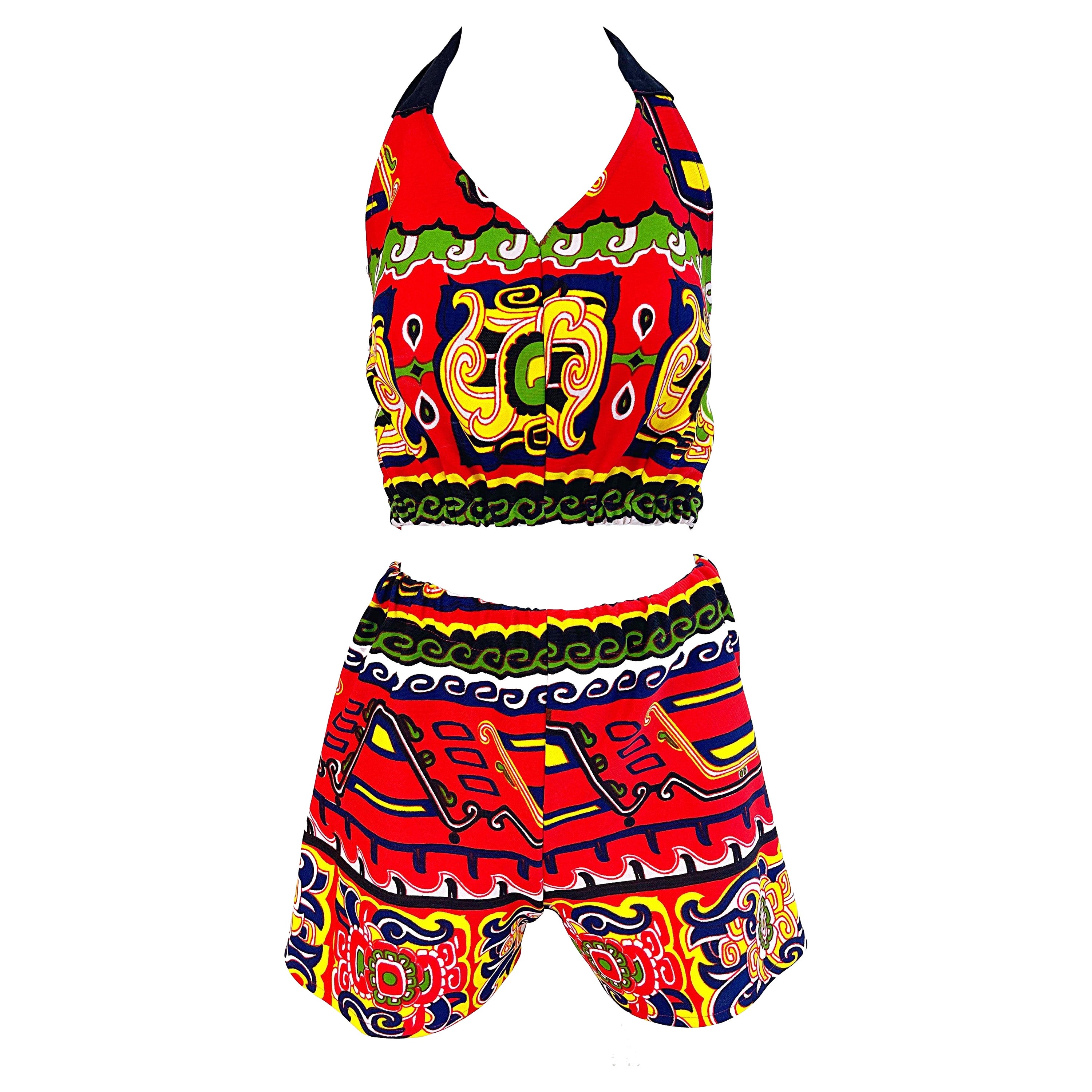 Pantalones cortos con estampado tribal rojo + verde + amarillo + azul de los años 70