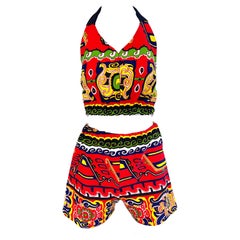 1970s Red + Green + Yellow + Blue Festive Tribal Print Crop Top Hot Pants Shorts