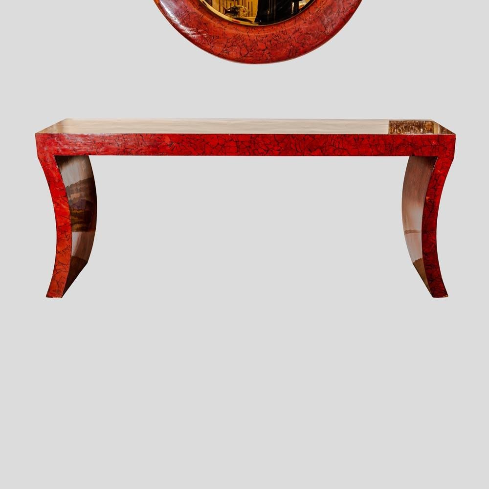 Wood 1970s Red Laquer crackleware finished Console Table by Enrique Garcel For Sale