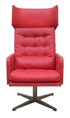 1970s Red Leather Swivel Armchair