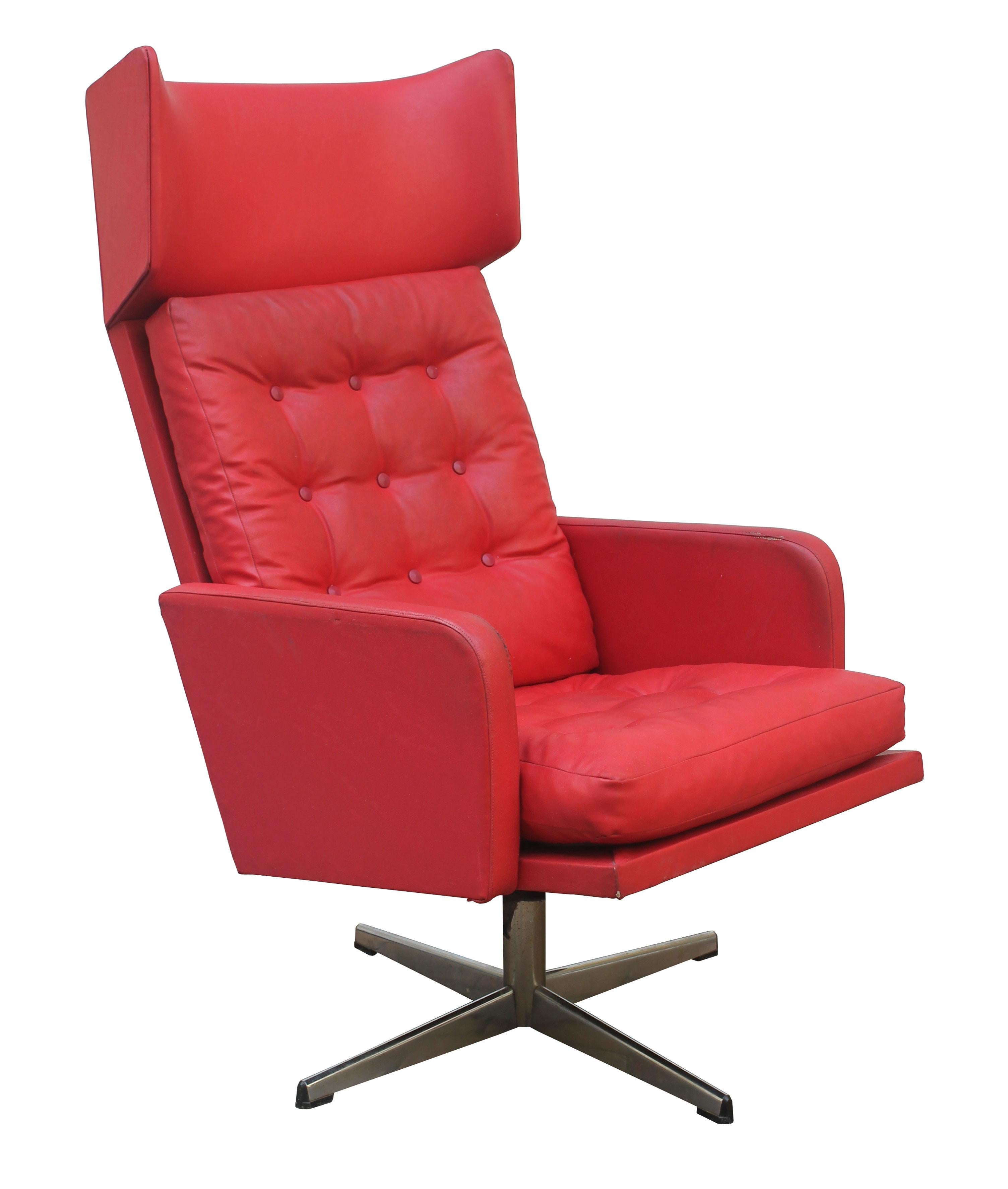 1970s Red Leather Swivel Armchair In Fair Condition For Sale In Brno, CZ