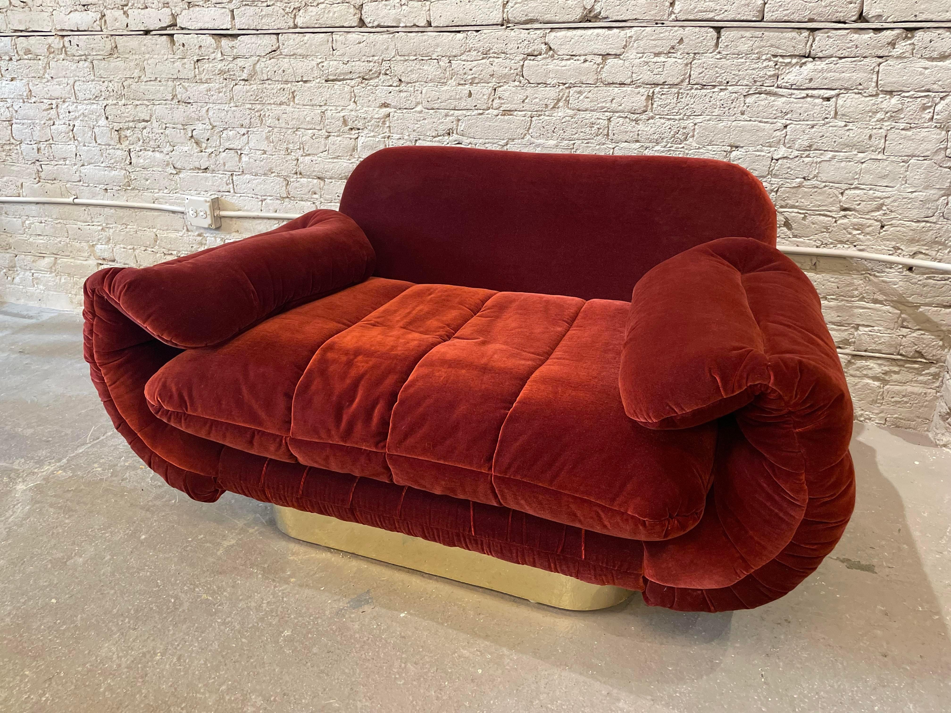 American 1970s Red Loveseat with Curved Arms & Brass Plinth Base For Sale