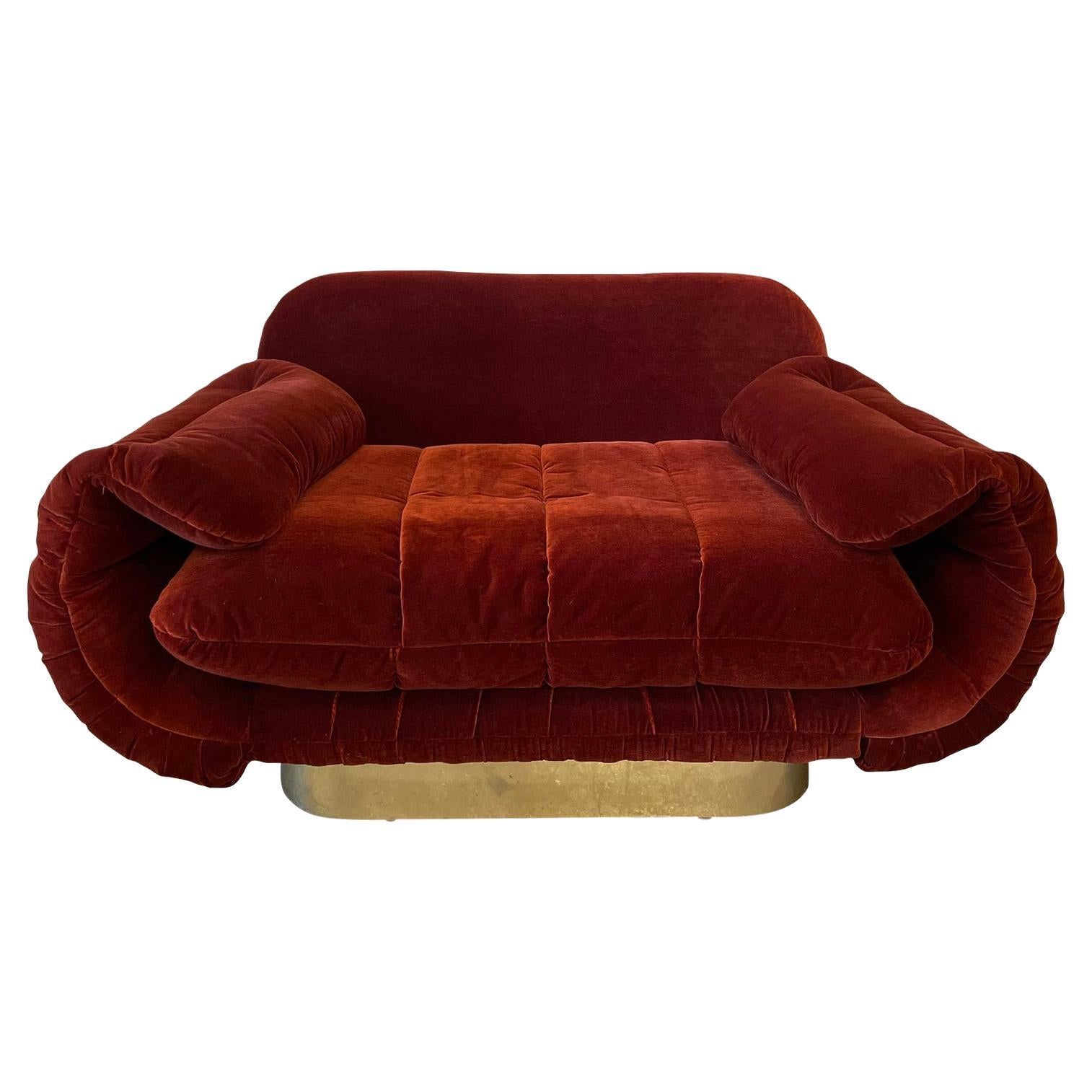 1970s Red Loveseat with Curved Arms & Brass Plinth Base