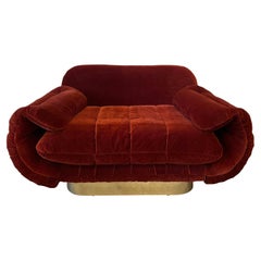 Retro 1970s Red Loveseat with Curved Arms & Brass Plinth Base