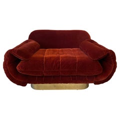 1970s Red Loveseat with Curved Arms & Brass Plinth Base