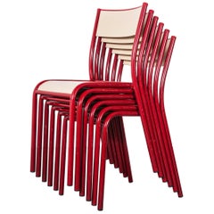 1970s Red Mullca Stacking Dining Chair, Laminate Seat, Set of Six