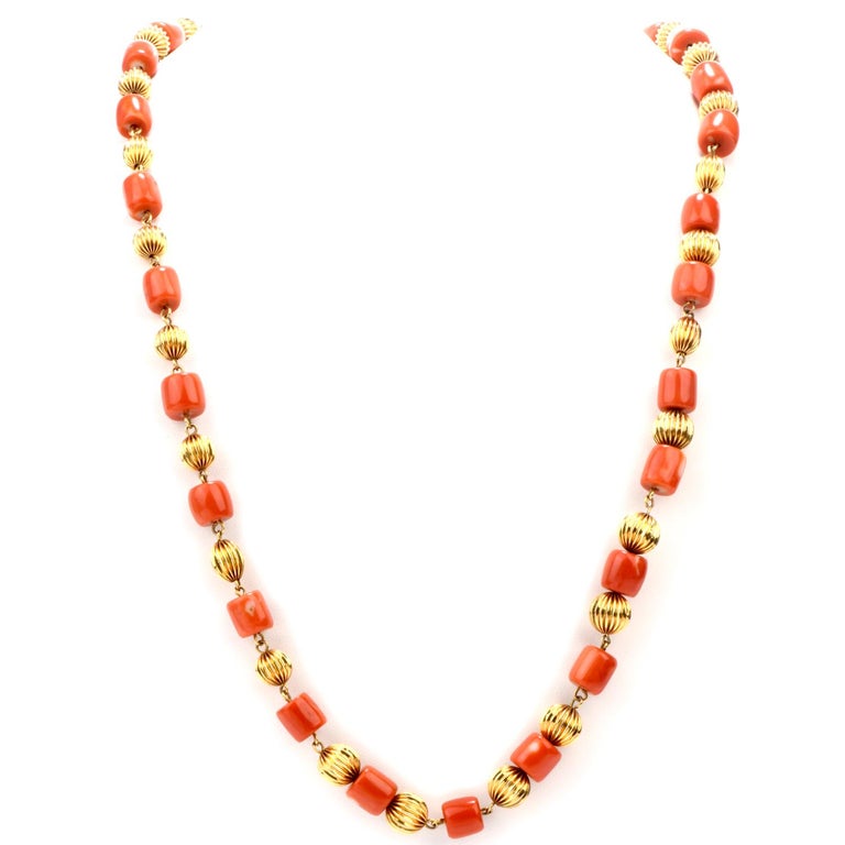 1970s Red Natural Coral Beads 18 Karat Gold Strand Necklace For Sale at ...