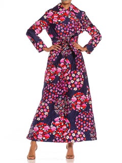 1970S Red & Pink On Navy Floral Cotton Sateen Long Sleeve Quilted House Dress