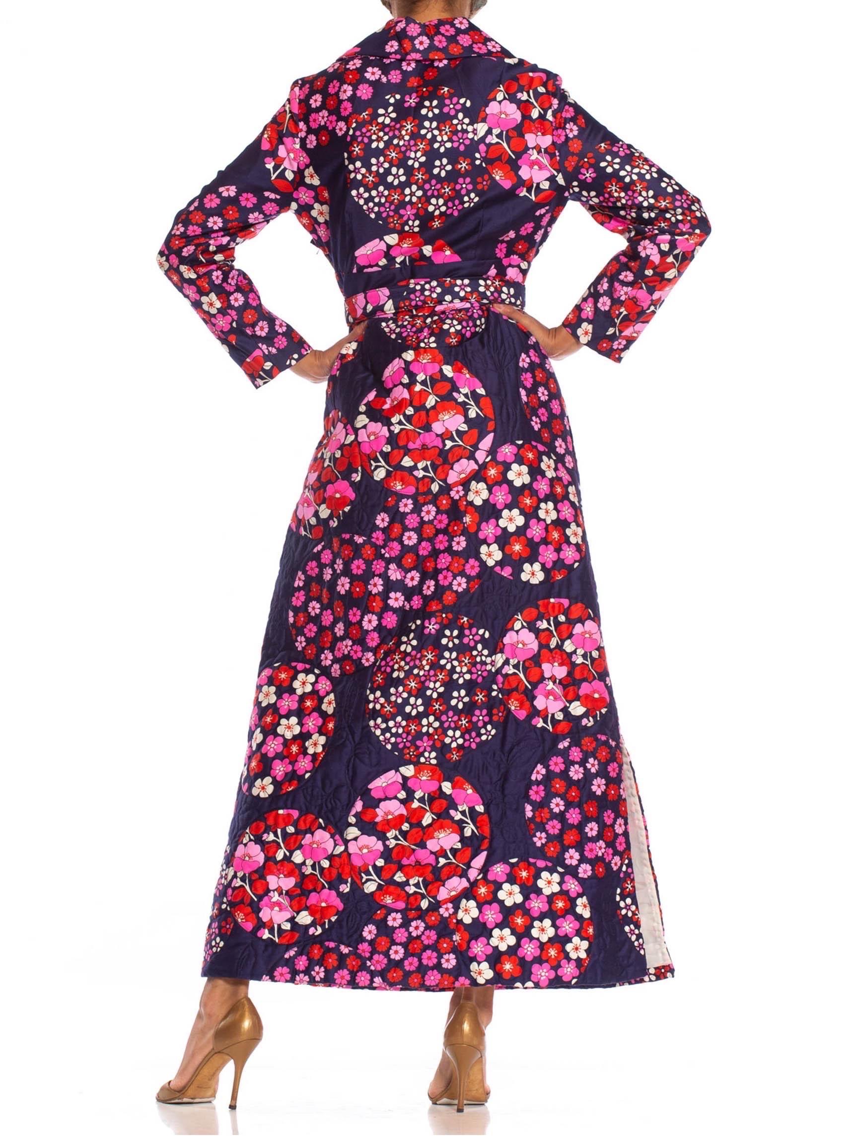 Women's 1970S Red & Pink On Navy Floral Cotton Sateen Long Sleeve Quilted House Dress For Sale