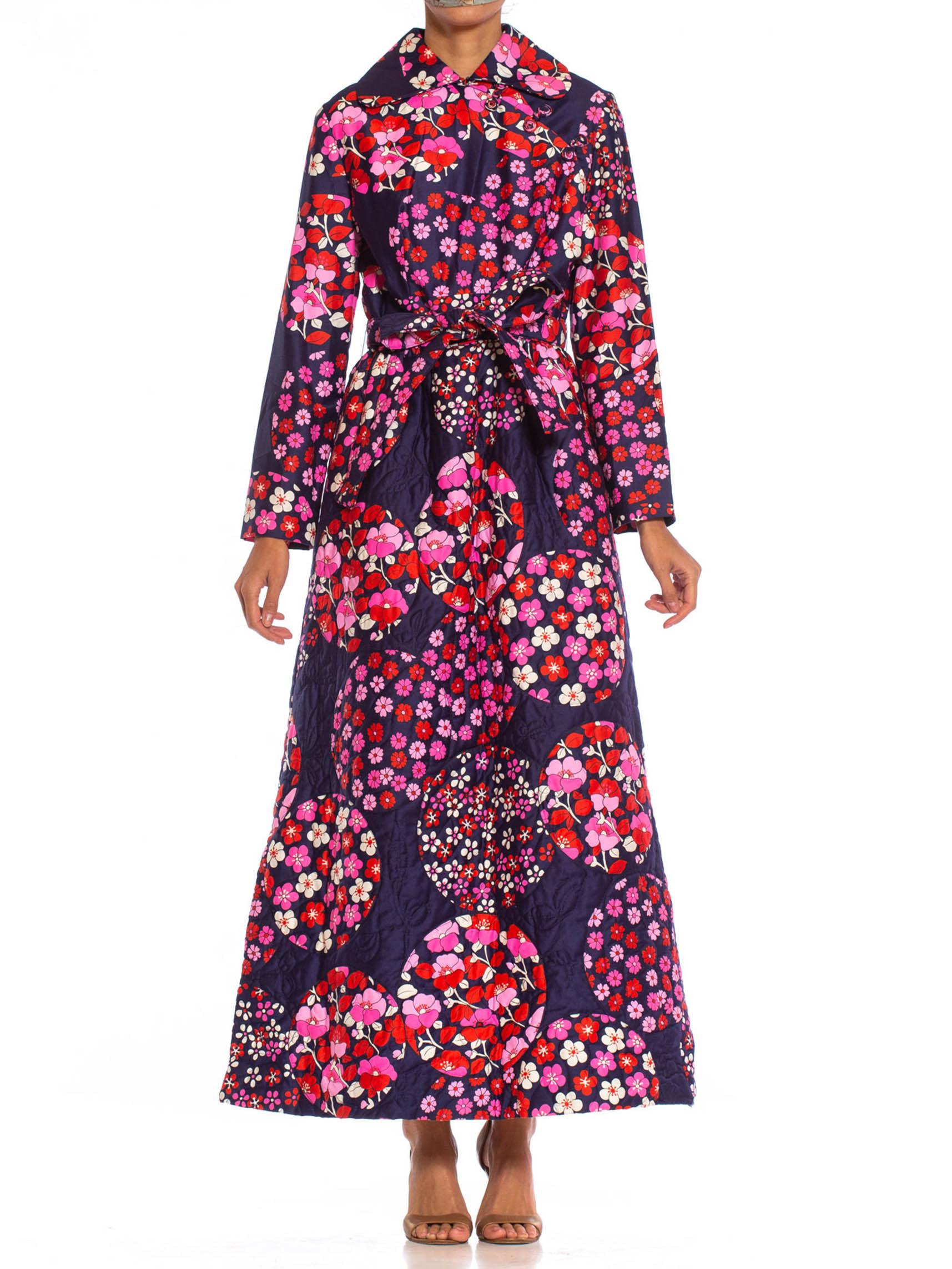 1970S Red & Pink On Navy Floral Cotton Sateen Long Sleeve Quilted House Dress For Sale 1