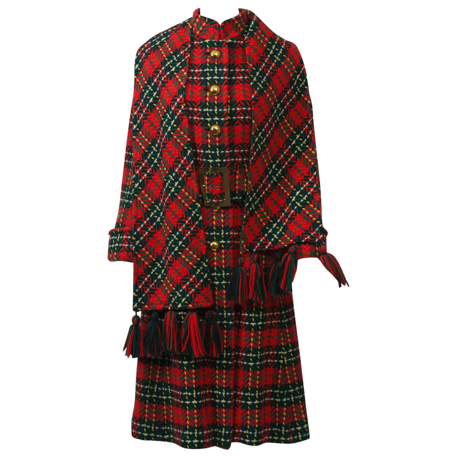 1970s Red Plaid Coat with Scarf For Sale