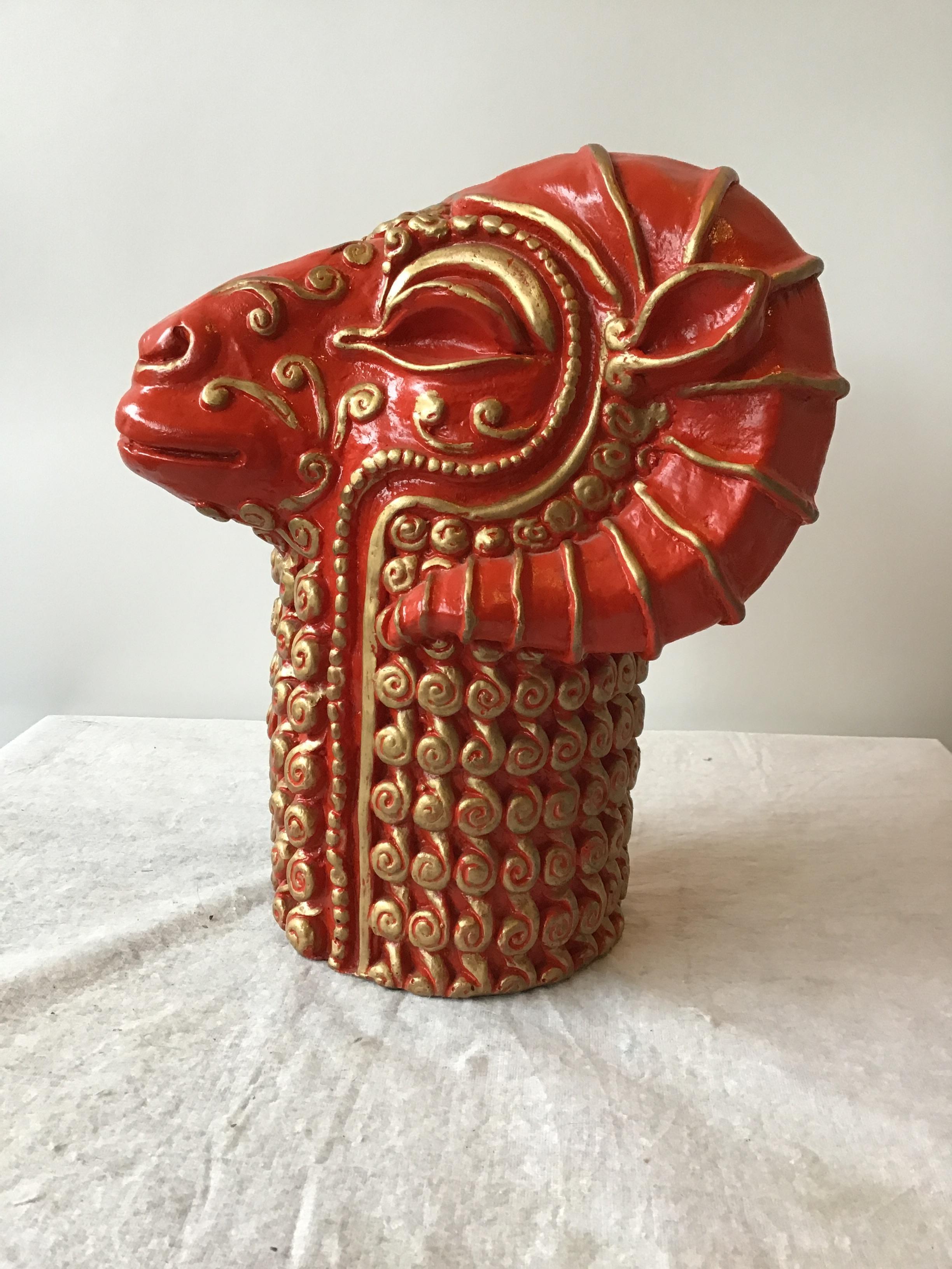 Late 20th Century 1970s Red Plaster Ram Head Sculpture