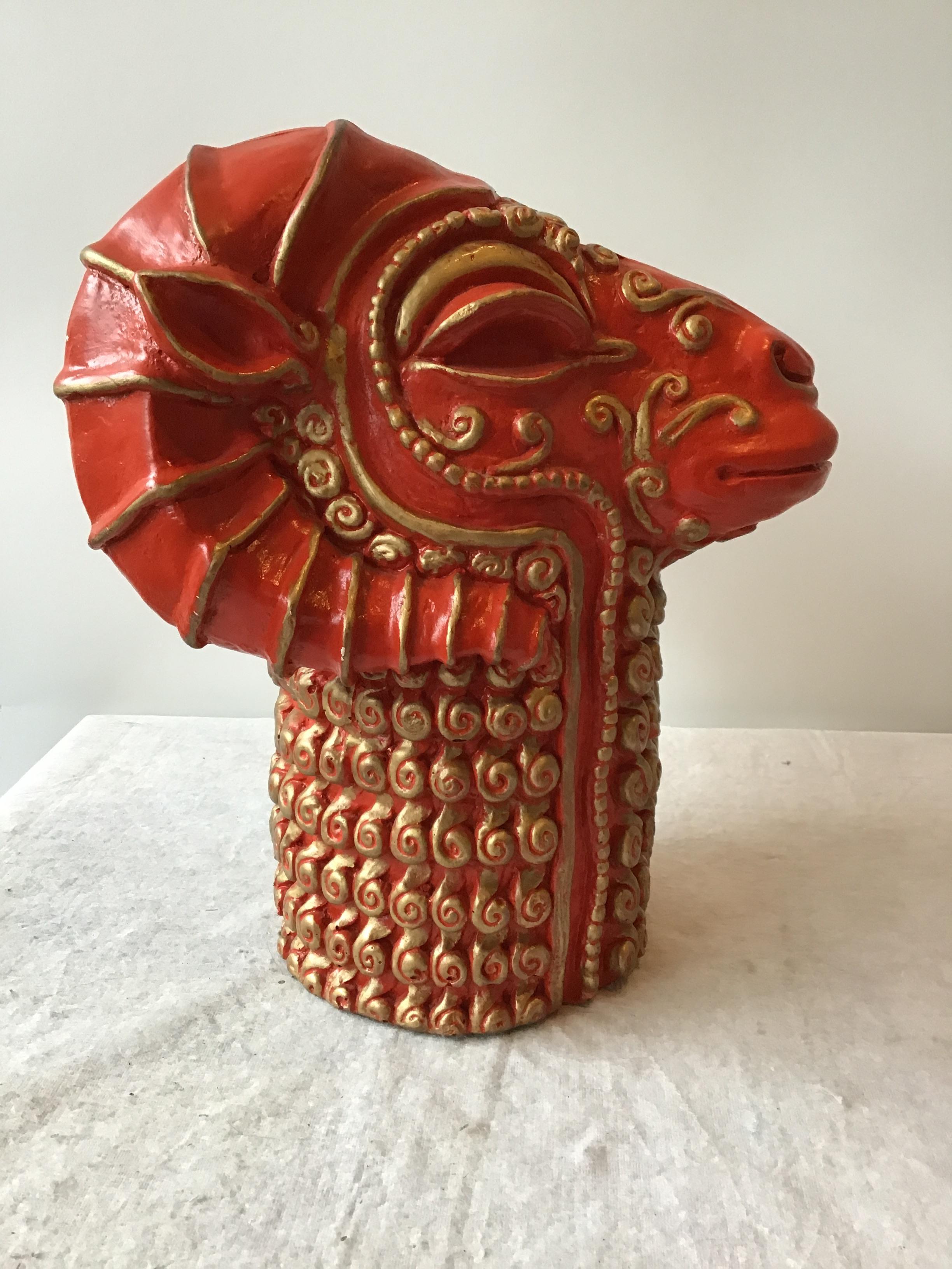 1970s Red Plaster Ram Head Sculpture 2