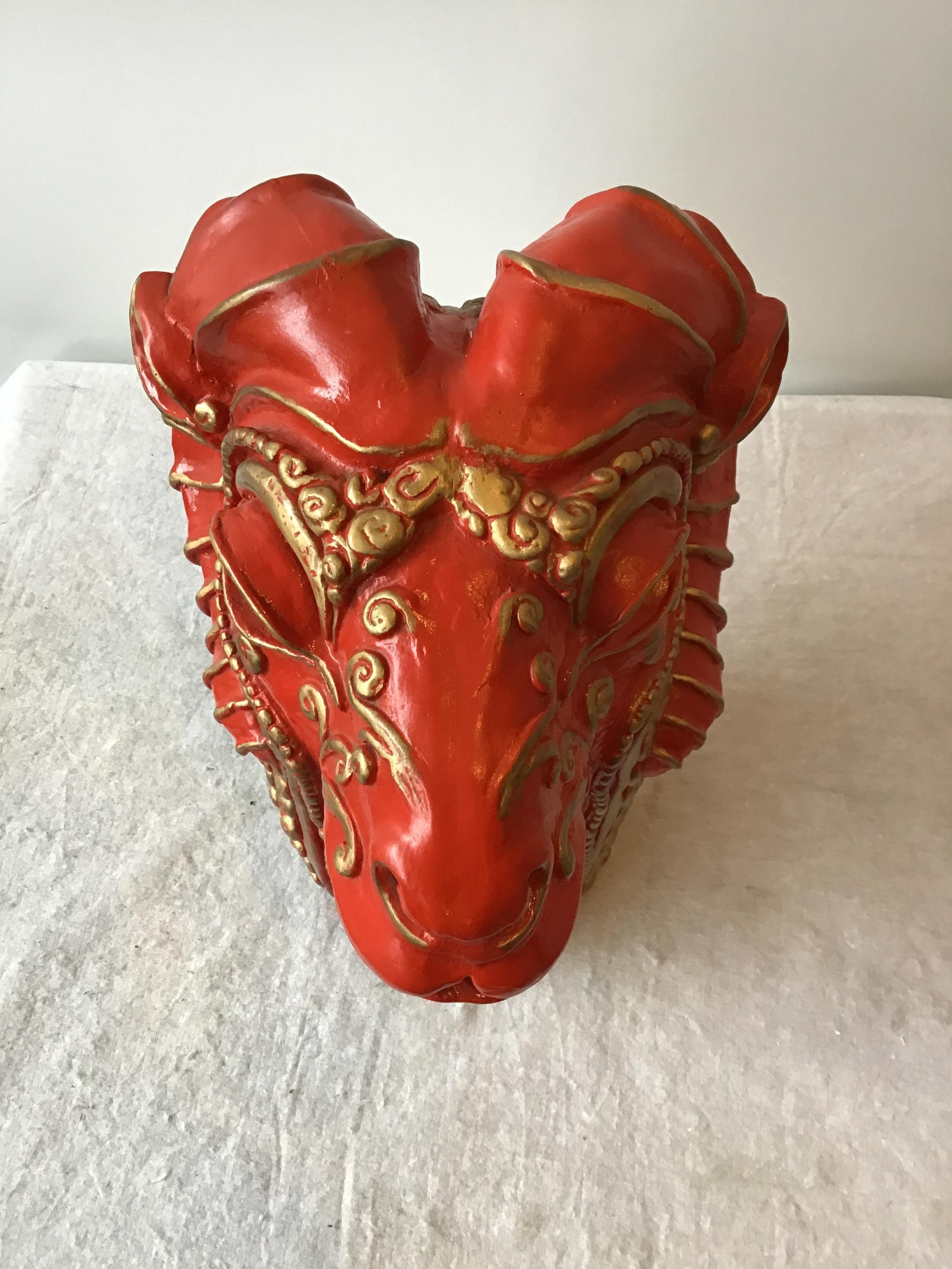 1970s Red Plaster Ram Head Sculpture 3