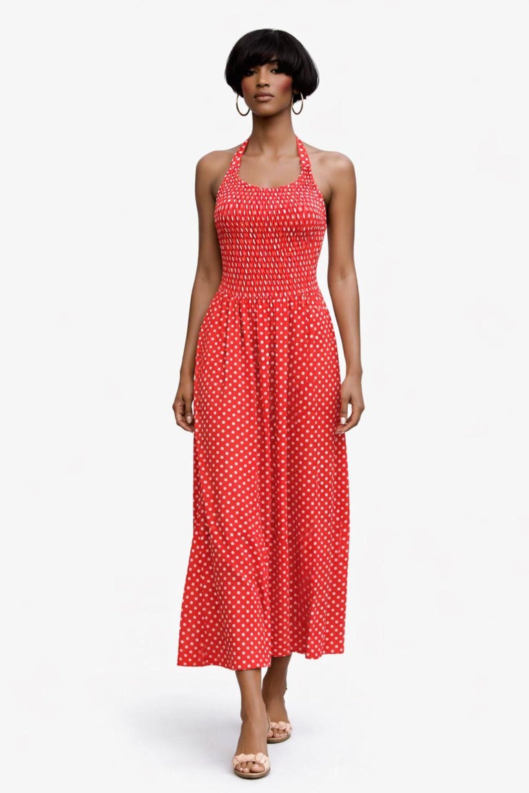 1970s Vintage Red Polka Dot Halter Maxi Dress By Isabell Gerhart
