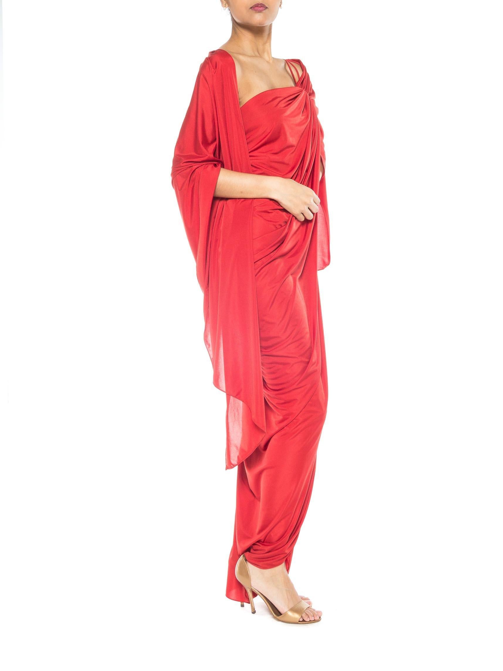 Women's 1970S Red Polyester Draped  Gown