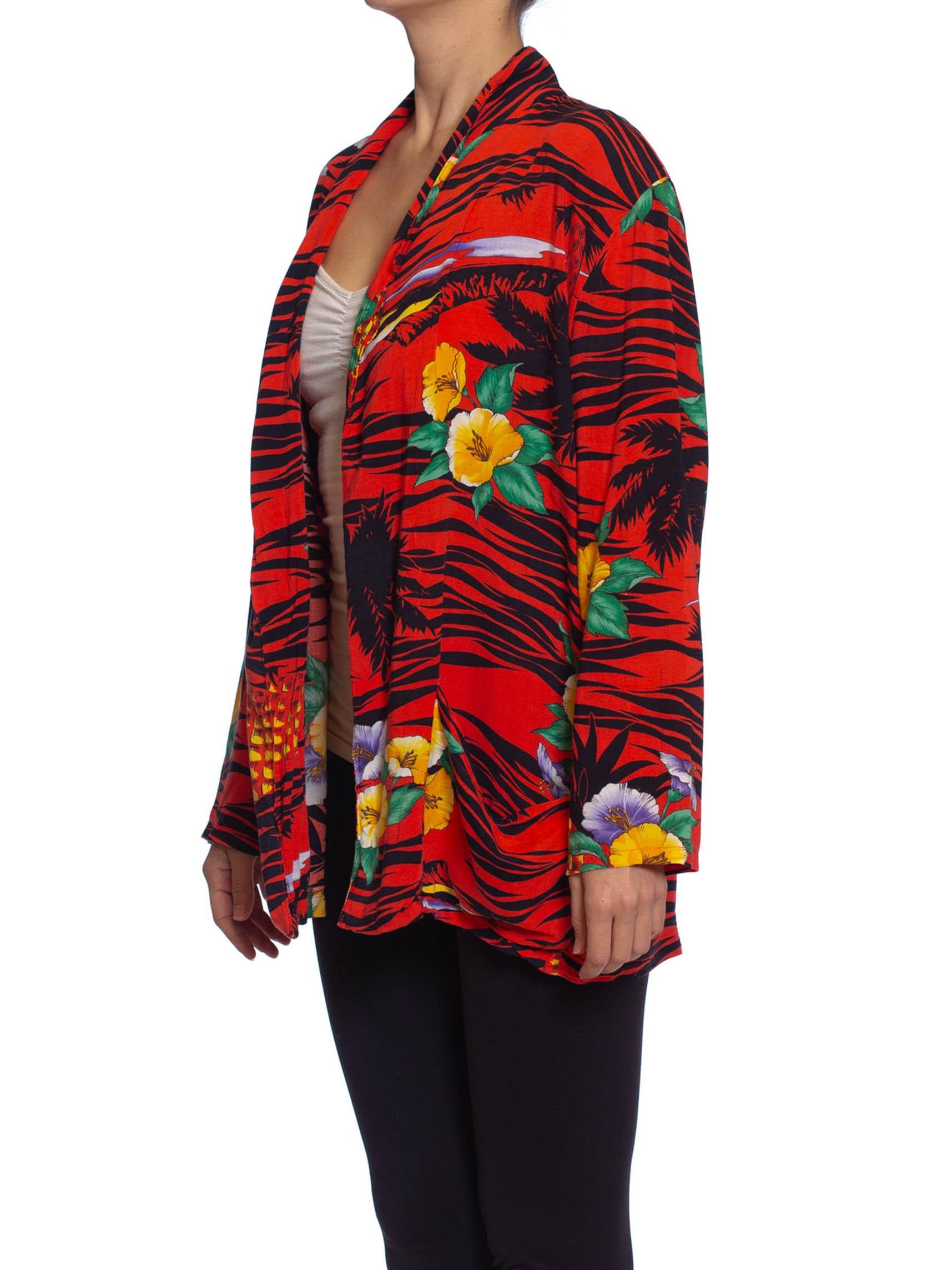 Women's 1970S Red Rayon Tropical Print Oversized Jacket For Sale