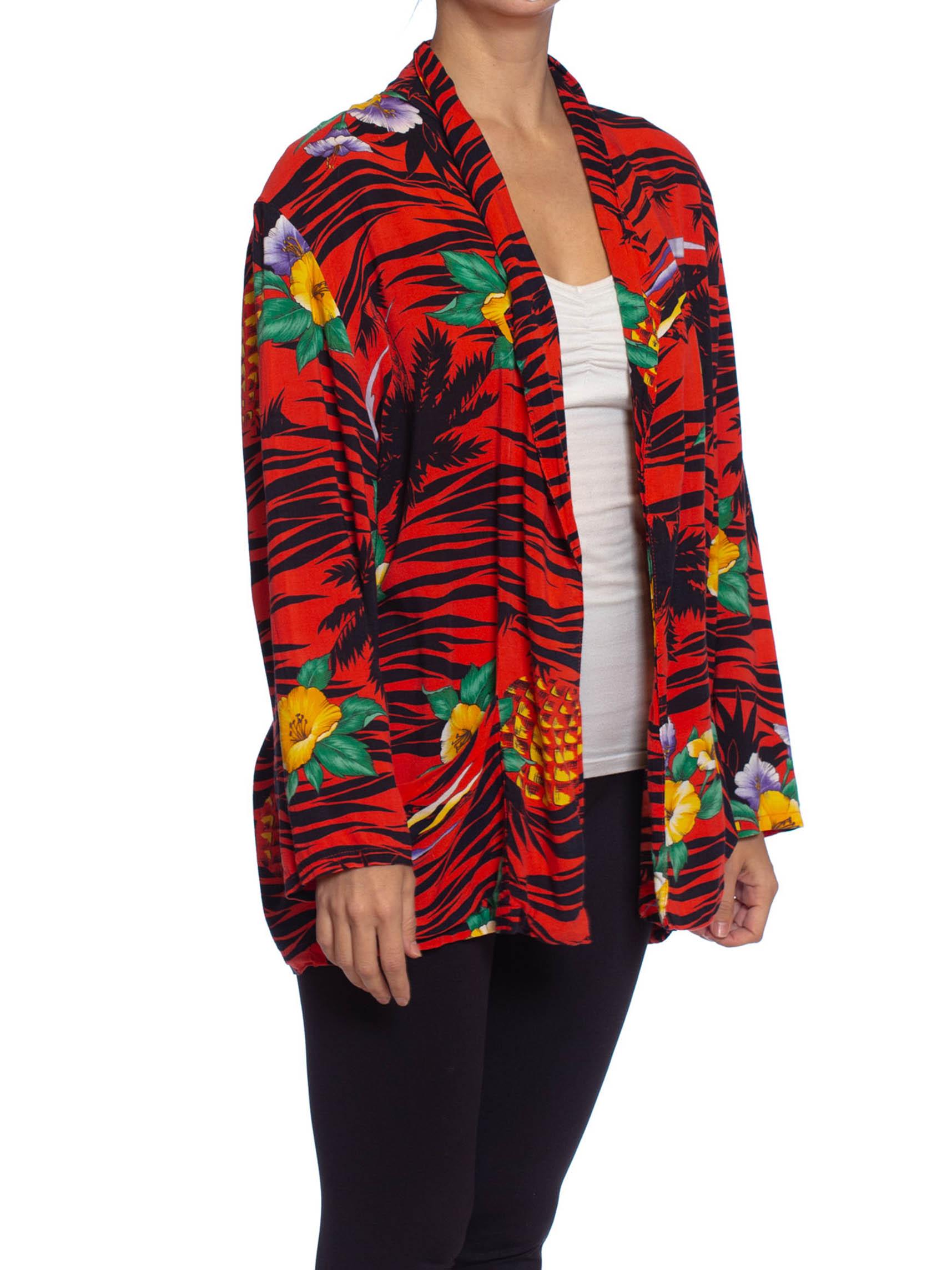 1970S Red Rayon Tropical Print Oversized Jacket For Sale 1