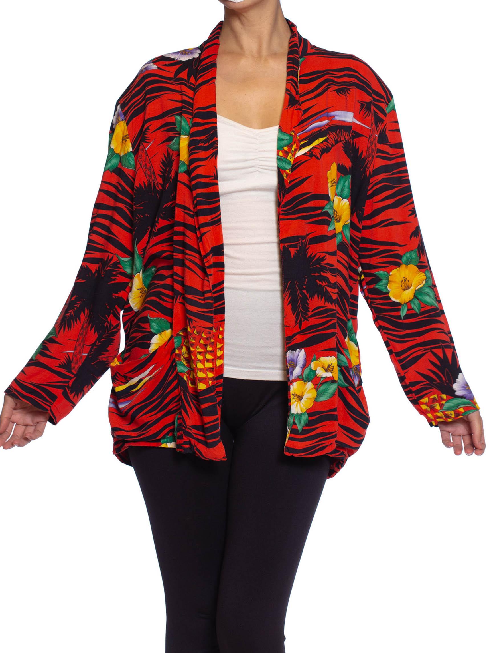 1970S Red Rayon Tropical Print Oversized Jacket For Sale 2