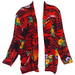 Vintage 1970S Red Rayon Tropical Print Oversized Jacket
