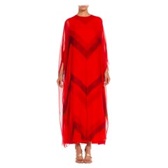 1970S Red Silk Chiffon Chevron Printed Gown
