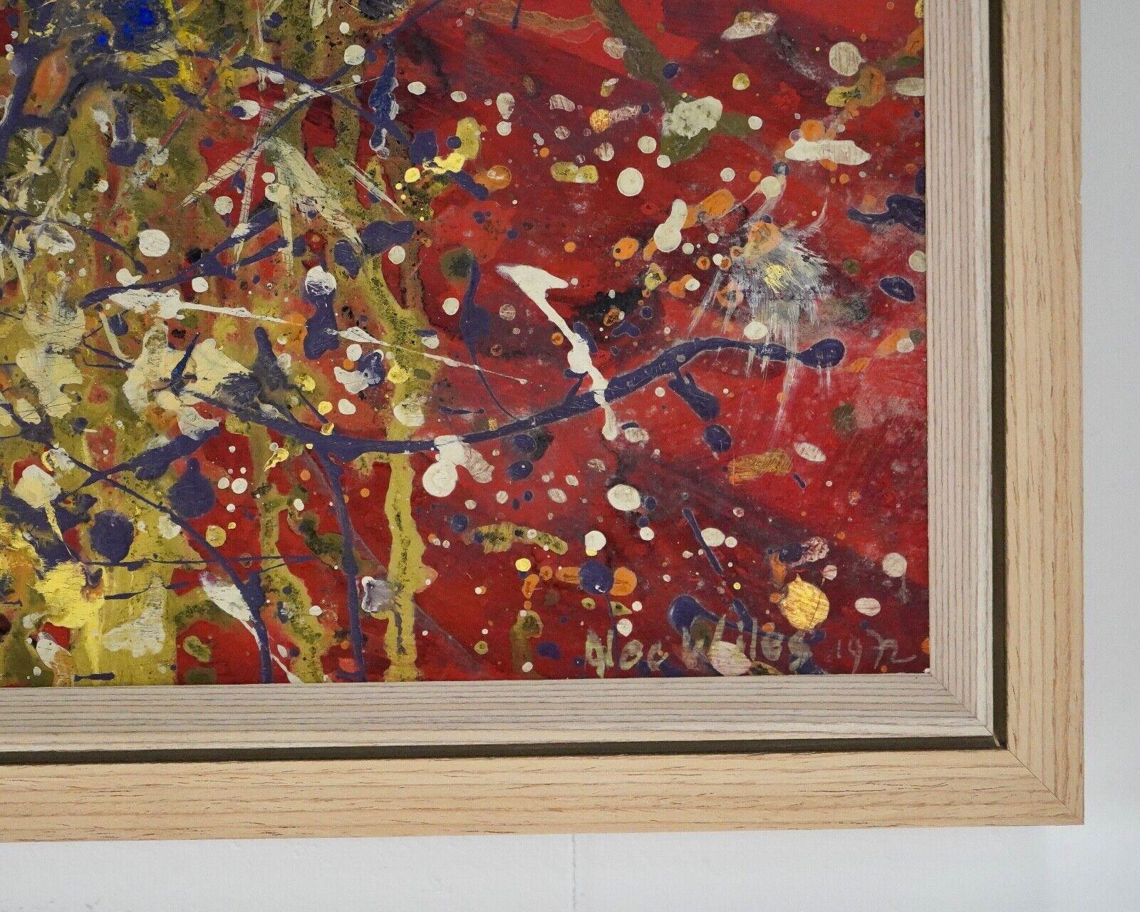 Mid-Century Modern 1970s Red Splatter Abstract Oil On Board Painting - Signed For Sale