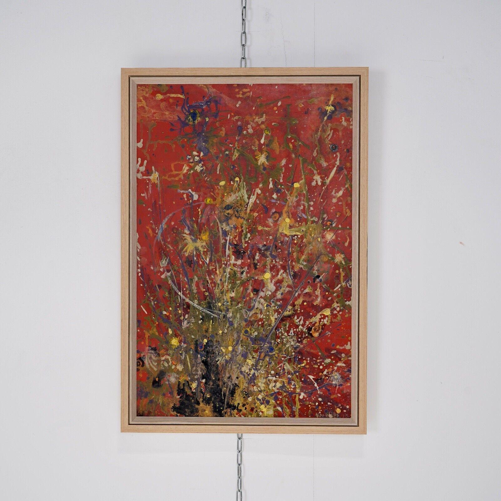 British 1970s Red Splatter Abstract Oil On Board Painting - Signed For Sale
