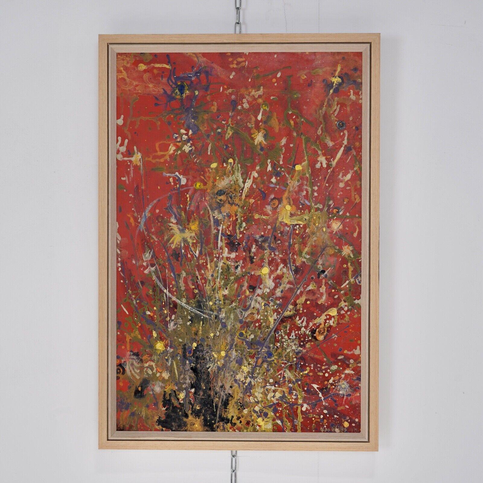 1970s Red Splatter Abstract Oil On Board Painting - Signed In Good Condition For Sale In Dorchester, GB