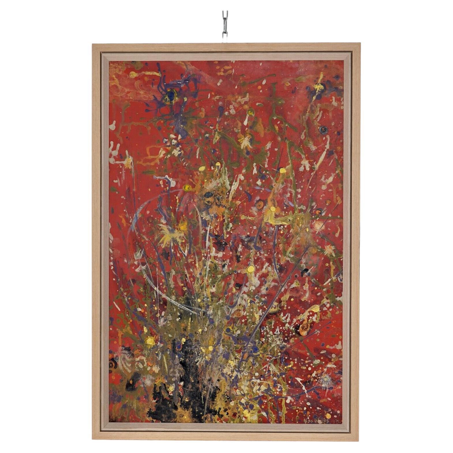 1970s Red Splatter Abstract Oil On Board Painting - Signed For Sale
