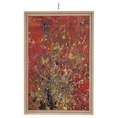 1970s Red Splatter Abstract Oil On Board Painting - Signed