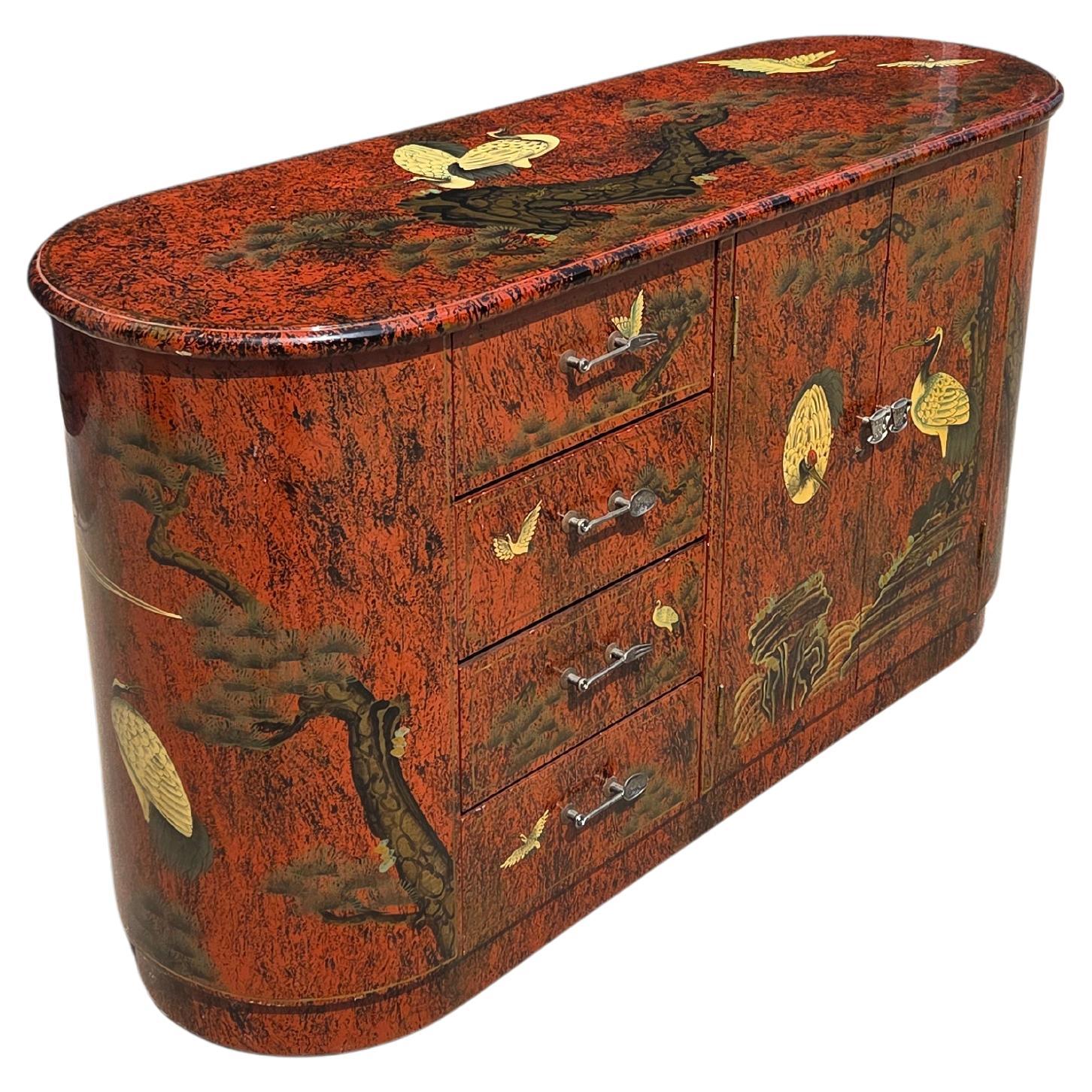 Cabinet Chinoiserie Rouge Vintage des années 1970 en vente