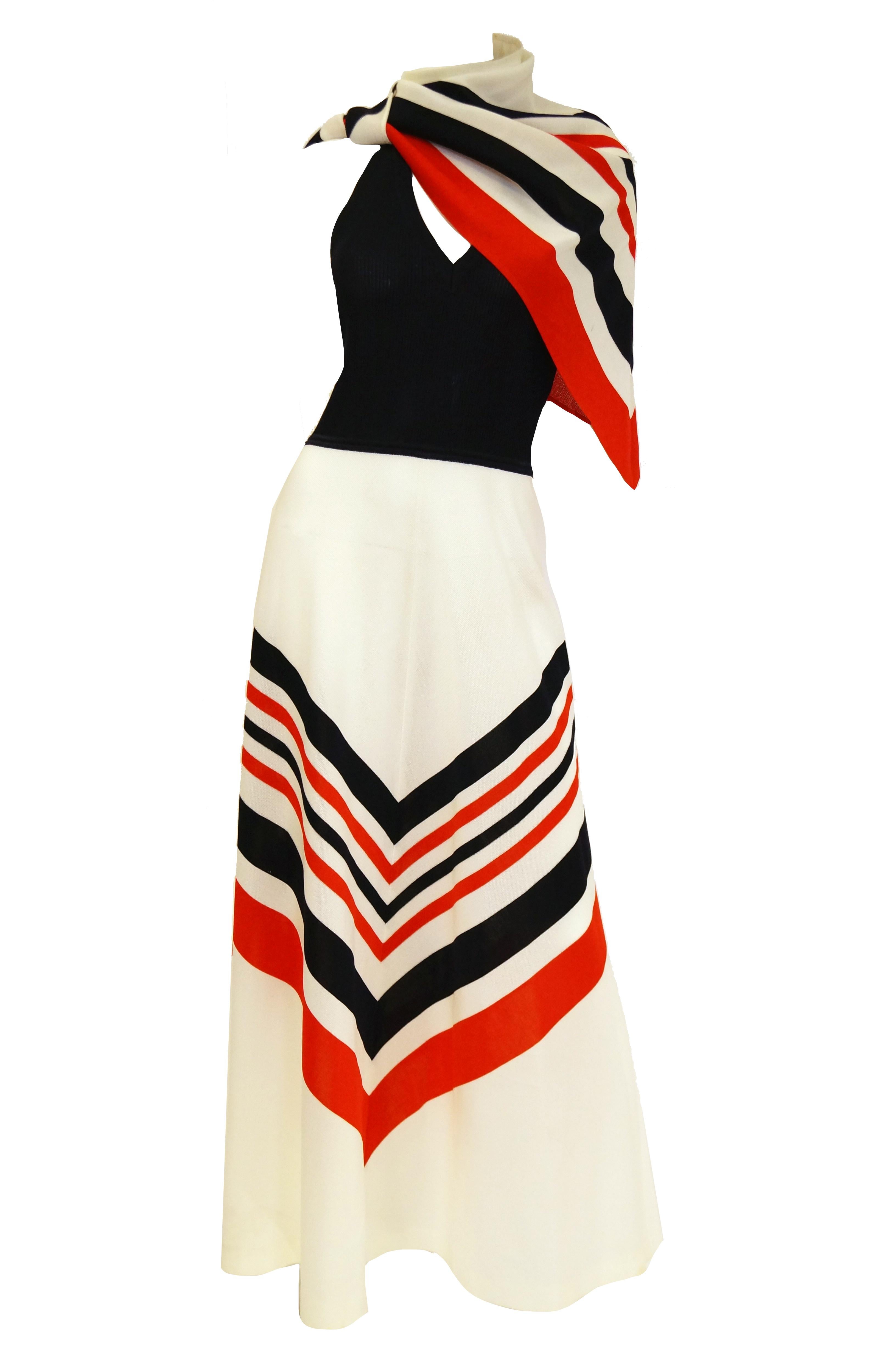  1970s Red, White, and Blue Chevron halter Maxi Dress with Shawl 2