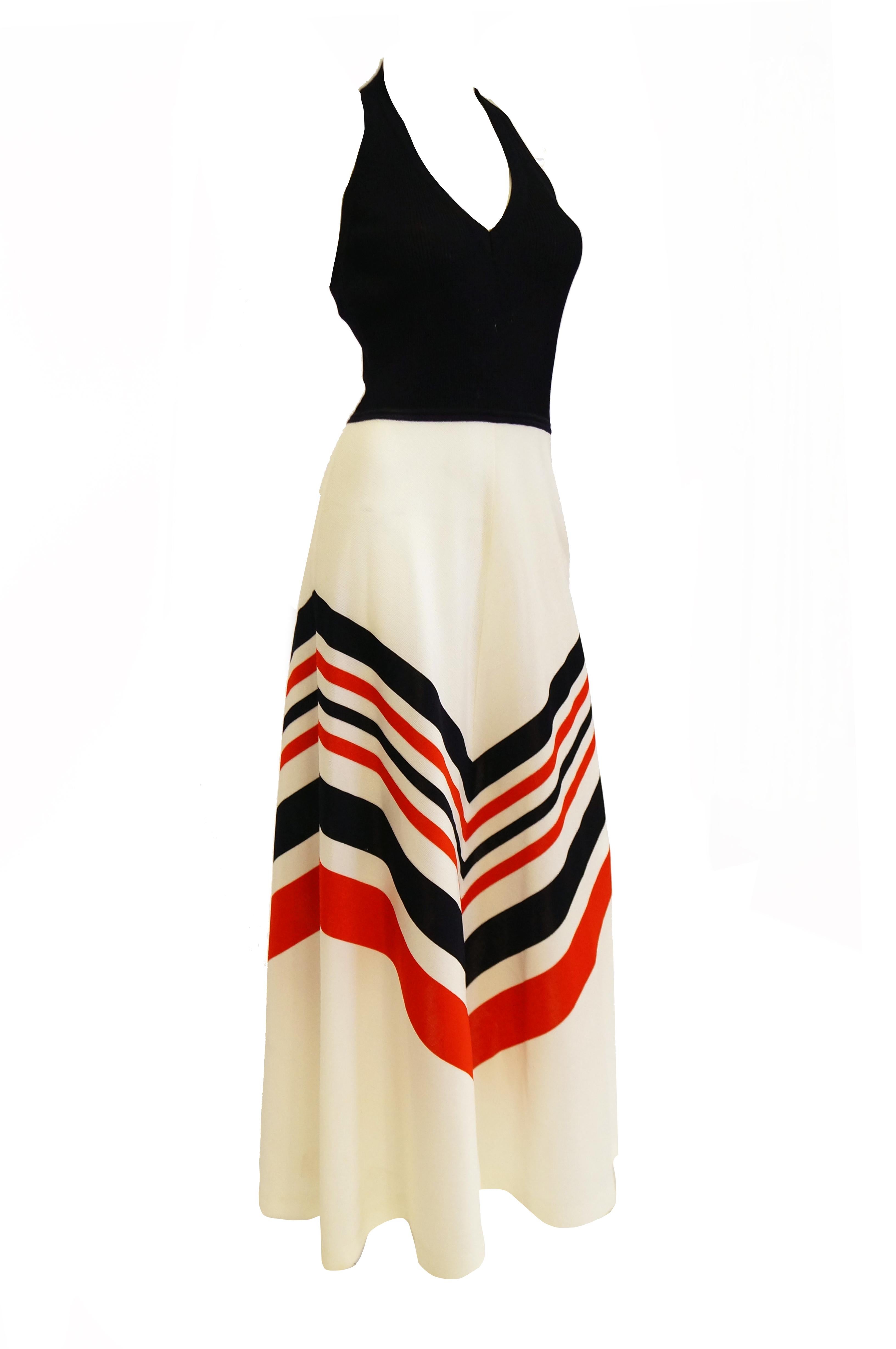 Beige  1970s Red, White, and Blue Chevron halter Maxi Dress with Shawl