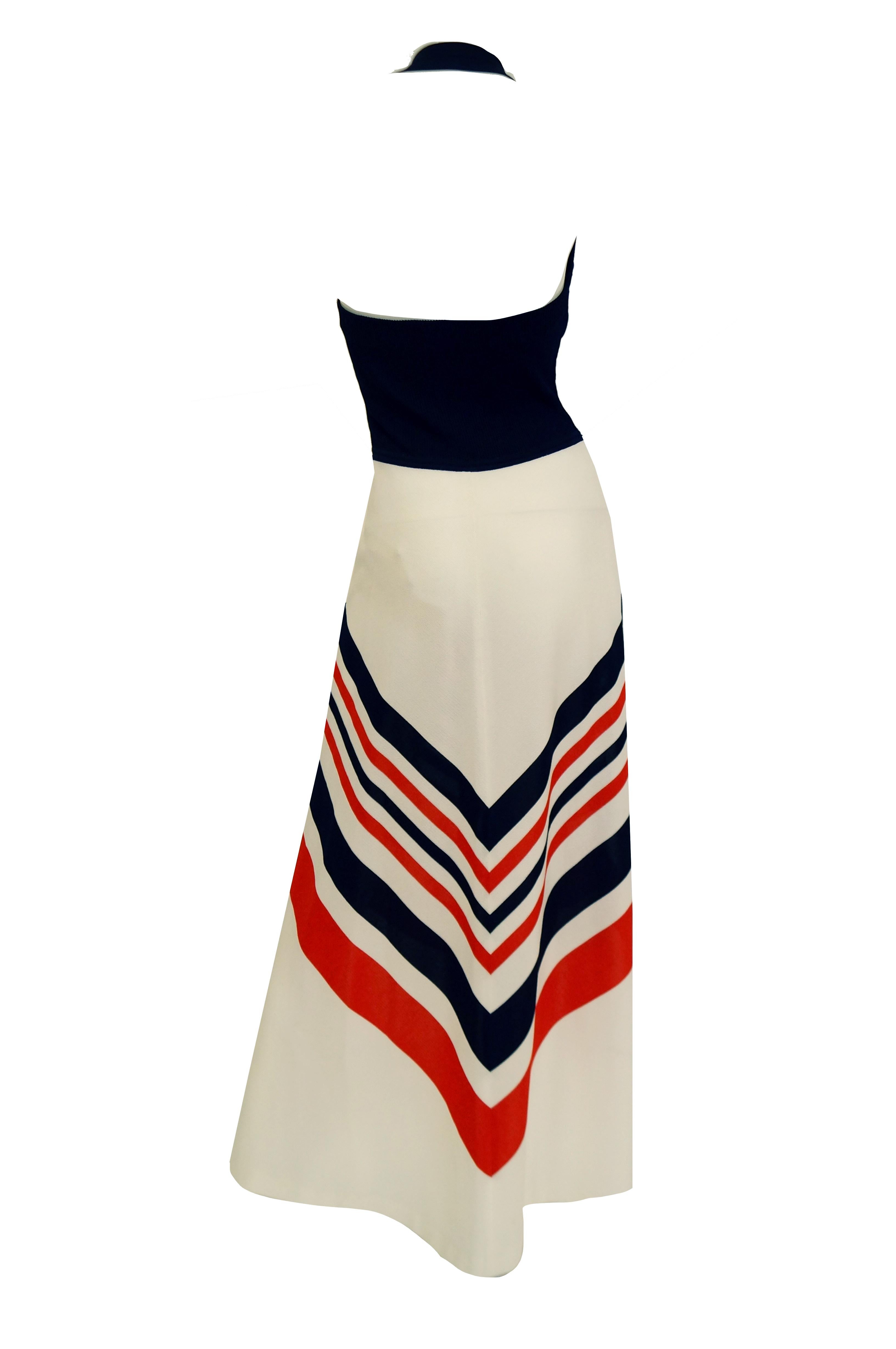  1970s Red, White, and Blue Chevron halter Maxi Dress with Shawl In Excellent Condition In Houston, TX