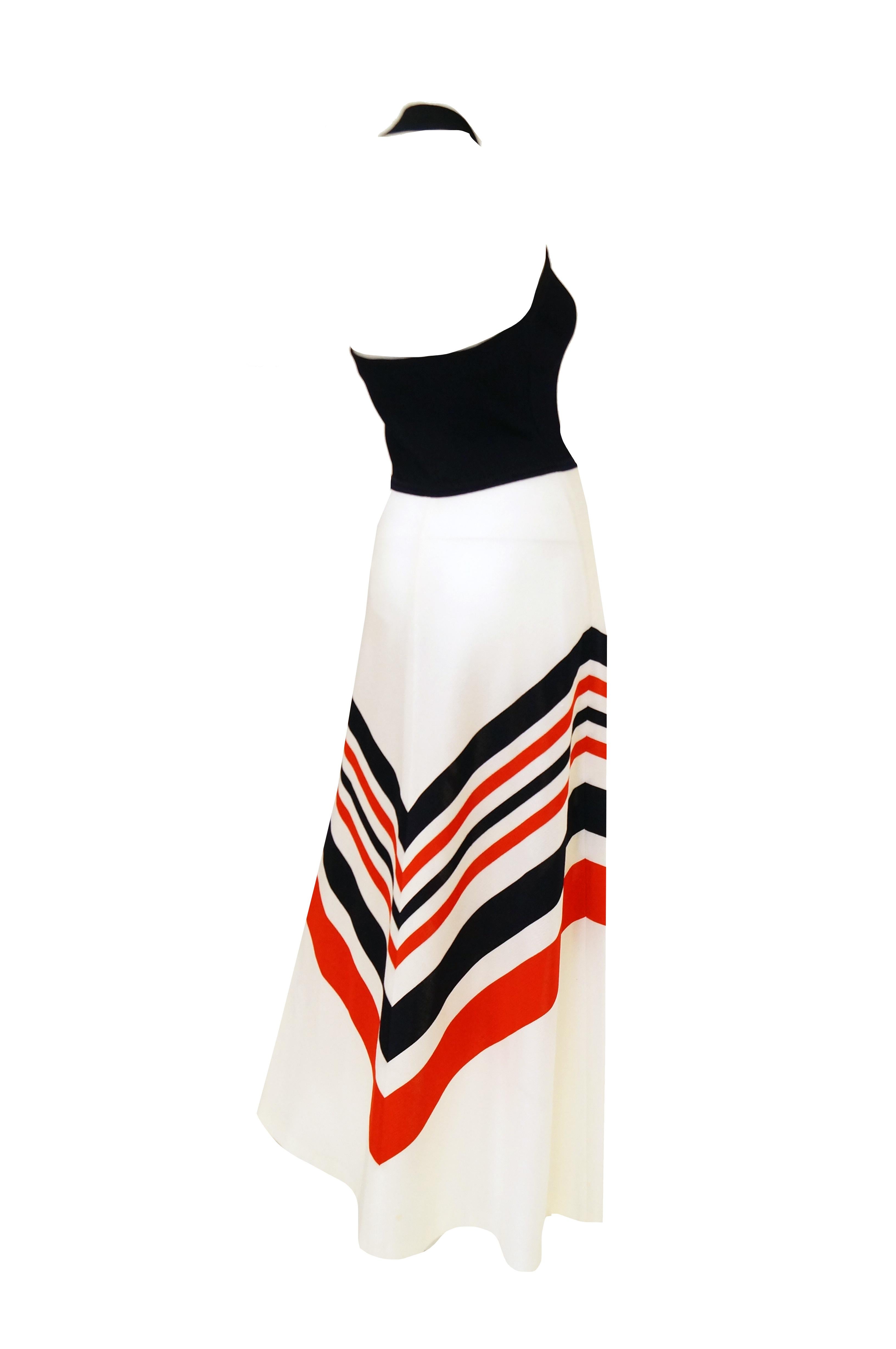 Women's  1970s Red, White, and Blue Chevron halter Maxi Dress with Shawl